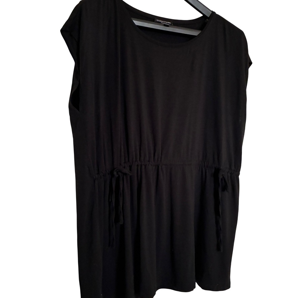 Eileen Fisher Drawstring Waist Top Women Size M Black Quiet Luxury Minimalist